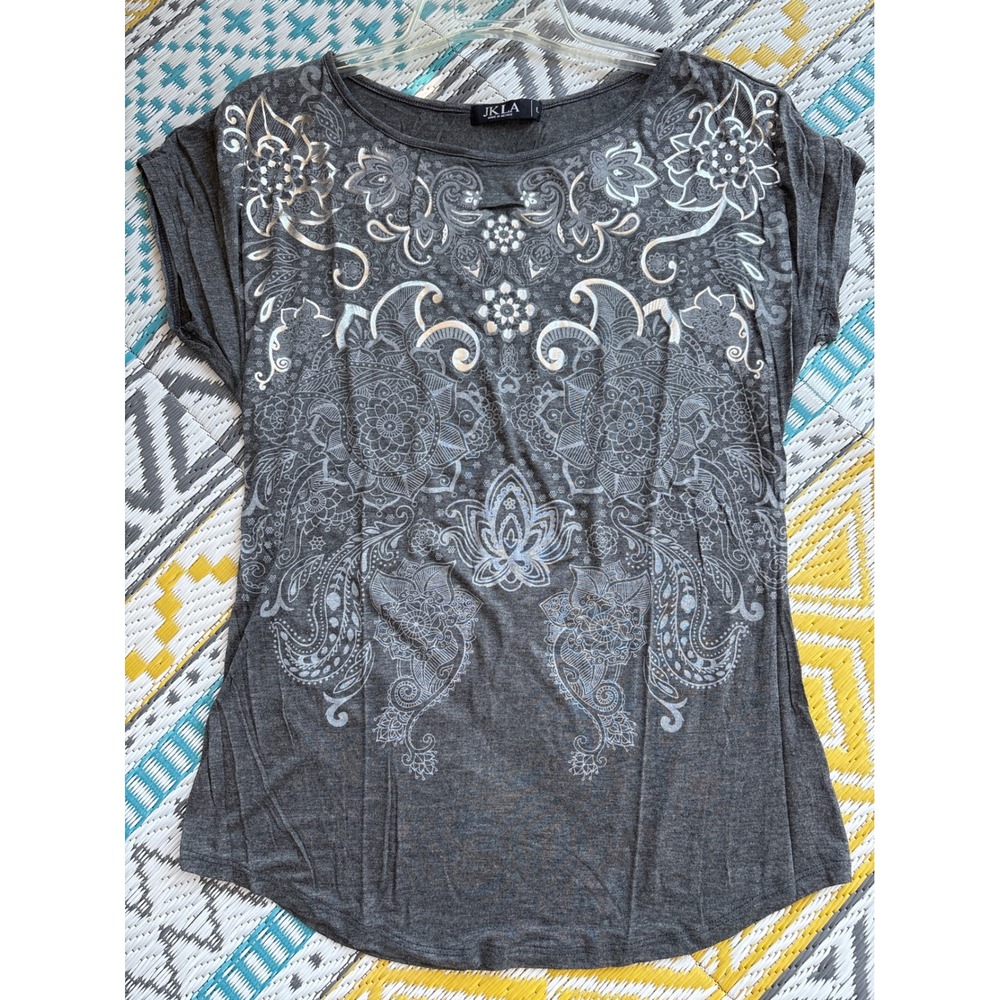 JKLA Womens Gray Silver Sparkle Mandala Paisley Graphic Top Size L MY557